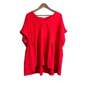 CHICSOUL Red V Neck Tunic Babydoll Tiered Ruffle Hi Low Top Made in USA X-Large